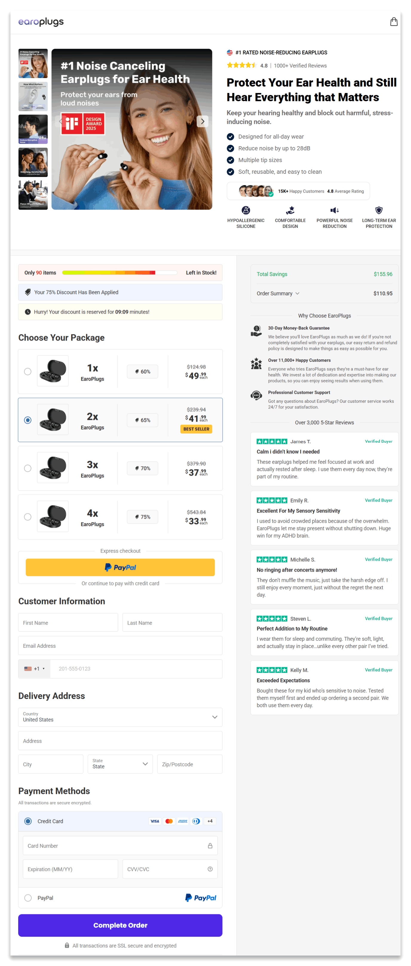 EaroPlugs secure checkout page